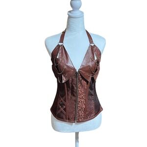 Brown Steampunk Corset Chain Bustier Lace Up Gothic Festival Leather Top Size M